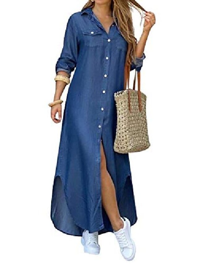  Mulheres Vestido de turno Azul denim Estampa preta Manga Longa Fenda Cor imaculada Colarinho de Camisa Inverno Outono Vestido de outono à moda Casual Moderno 2022 S M L XL 2XL / Roupa de inverno