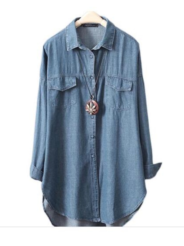  Women's Plus Size Tops Blouse Shirt Plain Long Sleeve Pocket Button Basic Shirt Collar Cotton Blend Daily Fall Spring