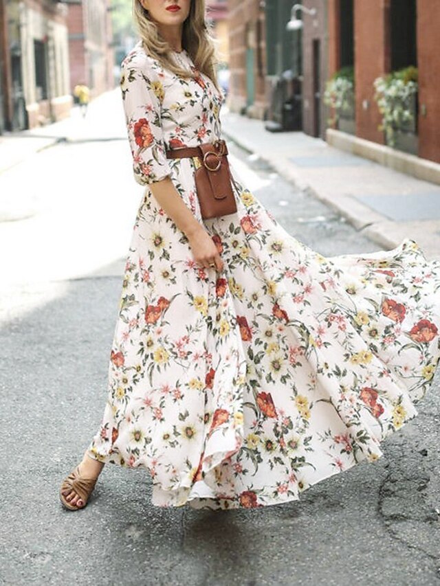  Women's Swing Dress Maxi long Dress White Blue Green 3/4 Length Sleeve Floral Flower Print Spring Summer Round Neck Hot Casual Holiday vacation dresses Lantern Sleeve Ruffle S M L XL XXL