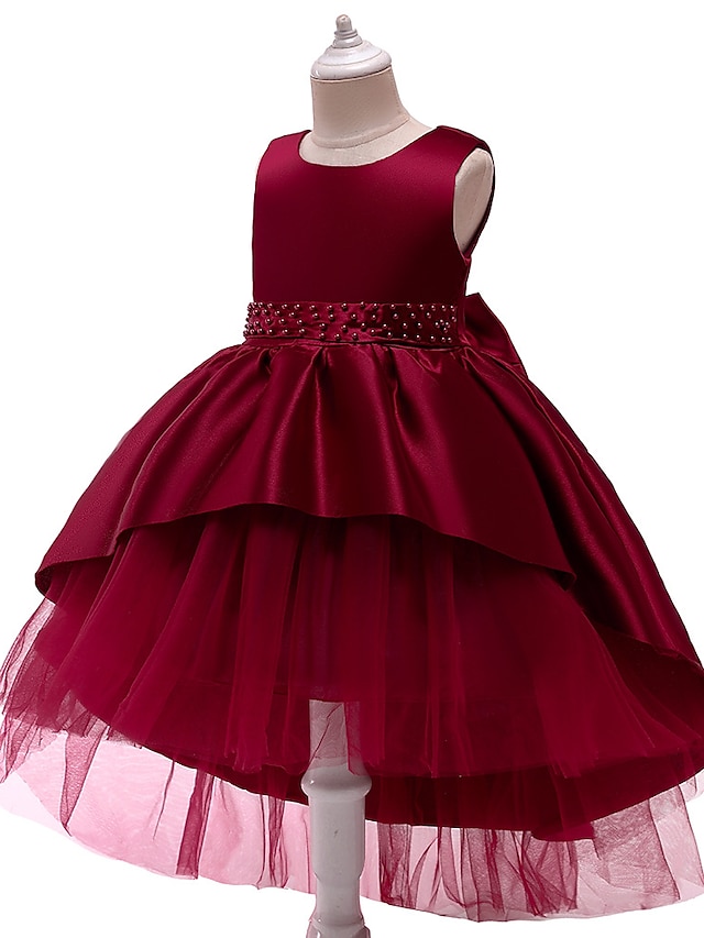  Kids Little Girls' Dress Solid Colored Party Birthday Party Layered Mesh Train Blue Blushing Pink Wine Asymmetrical Sleeveless Princess Cute Dresses All Seasons Children's Day Slim 3-10 Years