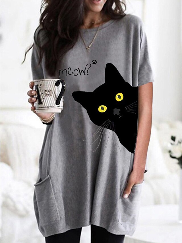  Damen Katze Graphic Täglich Kurzarm T-Shirt Kleid Tunika Rundhalsausschnitt Basic Oberteile Schwarz Grau Wein S