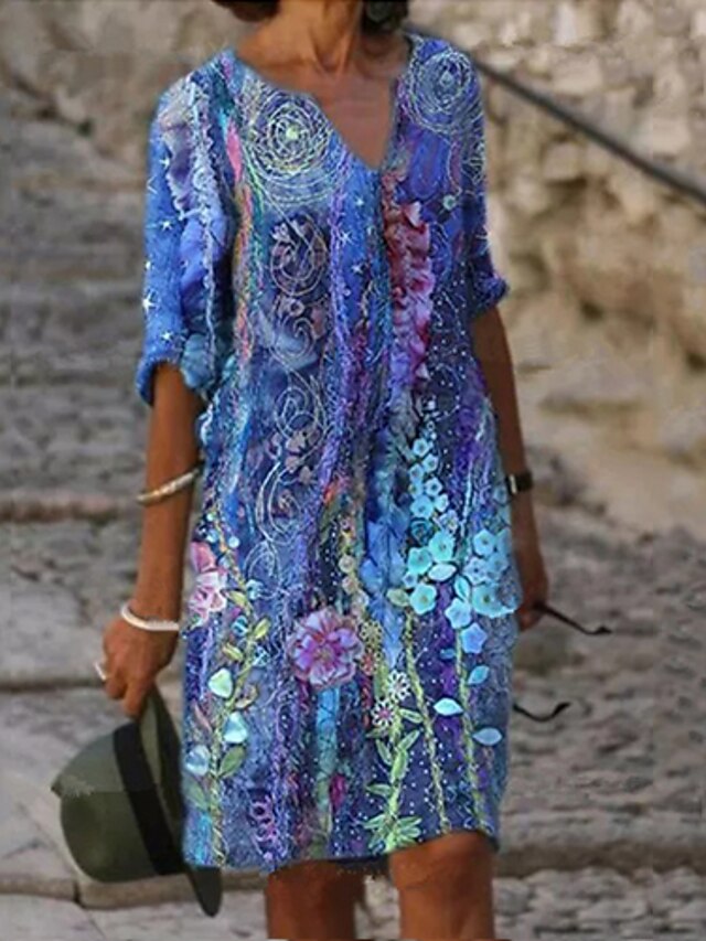  Women's Midi Dress Casual Dress Shift Dress Floral 3/4 Length Sleeve Summer Spring Print Fashion V Neck 2023 S M L XL XXL XXXL 4XL