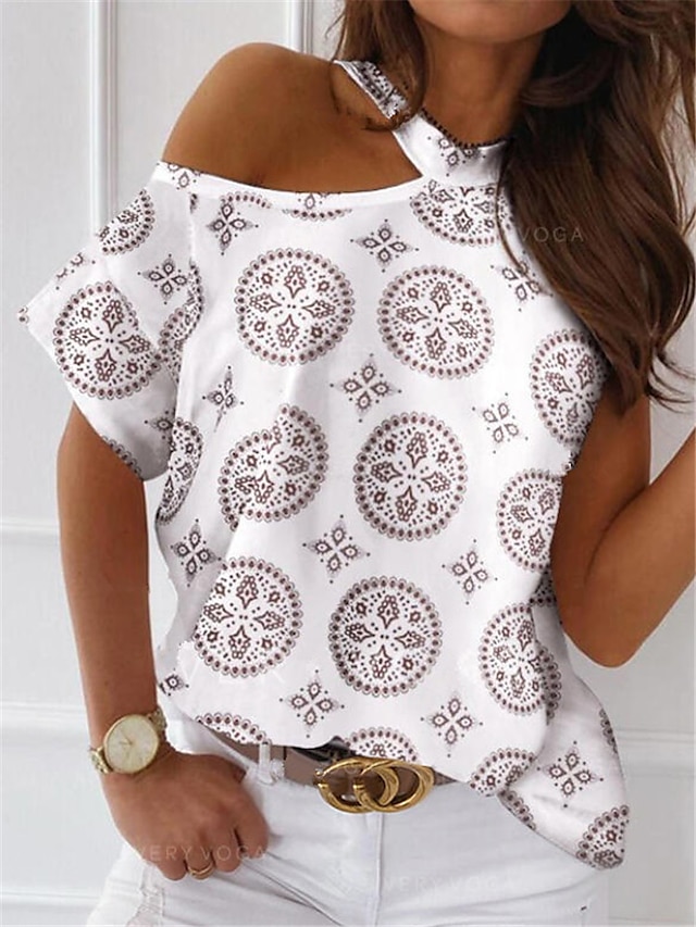  Per donna maglietta Pop art Pizzo Collage Con stampe Rotonda Top Essenziale Top basic Bianco