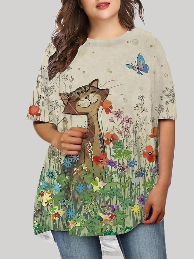  Women's Plus Size Floral T Shirt Dress Tee Dress Print Round Neck Half Sleeve Basic Fall Spring Causal Daily Short Mini Dress Dress / Cat