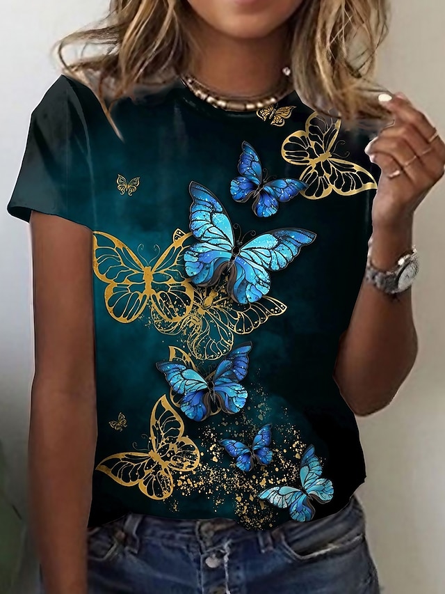  Damen T Shirt Schwarz Rosa Purpur Bedruckt Graphic Schmetterling Täglich Wochenende Kurzarm Rundhalsausschnitt Vintage Basic Schmetterling Farbe Regular Fit