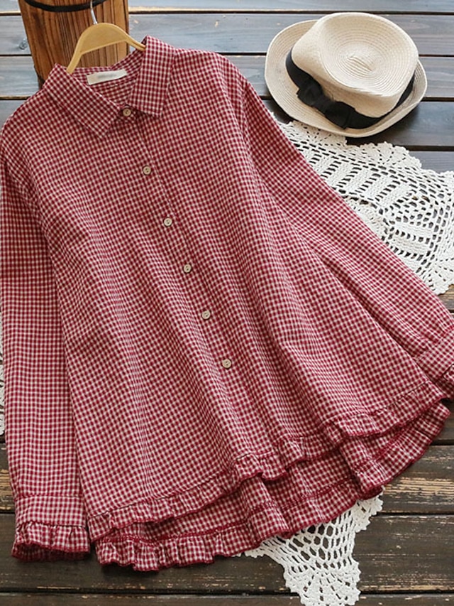  Women's Shirt Blouse Cotton Plain Ruffle Long Sleeve Daily Back to School Vacation Preppy Shirt Collar Regular Fit Spring Fall Winter