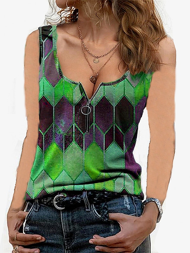 Women's Tank Top Vest T shirt Graphic Color Block Zipper Print V Neck Basic Streetwear Tops Purple Blushing Pink Fuchsia