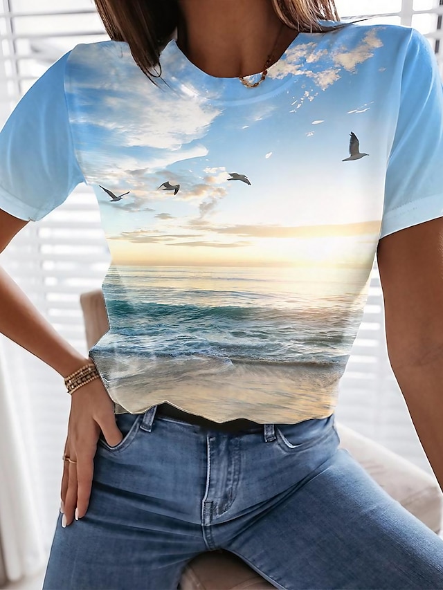  Damen T Shirt Graphic Landschaft Blau Bedruckt Kurzarm Festtage Wochenende Basic Strand Design Rundhalsausschnitt Regular Fit