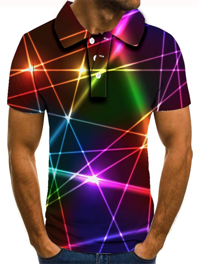  Men's Polo Shirt Tennis Shirt Golf Shirt Graphic Prints Linear Collar White Pink Green Rainbow 3D Print Street Casual Short Sleeve Button-Down Clothing Apparel Fashion Cool Casual