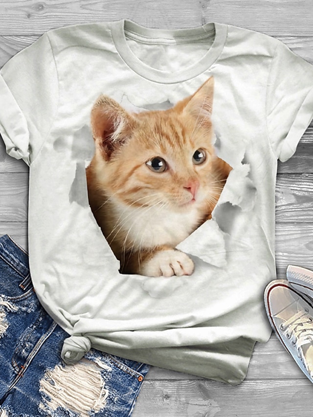  Damen Übergröße Oberteile T-Shirt Katze Grafik Kurzarm Bedruckt Grundlegend Rundhalsausschnitt Baumwoll-Spandex-Trikot Täglich Festtage Weiß