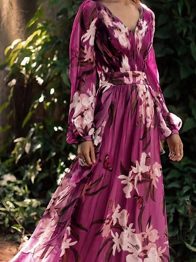  Femme Robe longue maxi Robe de Mousseline Violet Manches Longues Imprimer Floral Imprimer Col en V Eté Vacances Bohème 2022 Ample S M L XL XXL