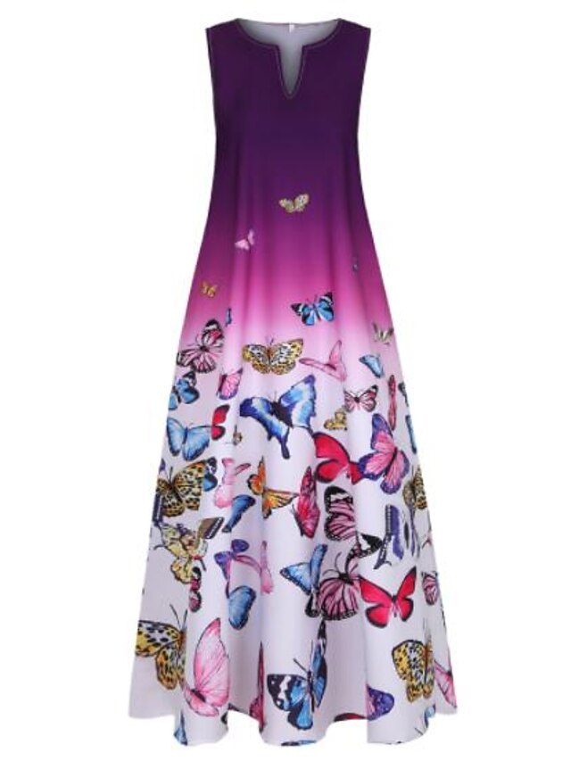  Women's Maxi long Dress A Line Dress Blue Purple Butterfly Sleeveless Print Color Gradient V Neck Summer Special Design Hot Casual 2021 Regular Fit XL XXL 3XL 4XL 5XL / Plus Size / Plus Size