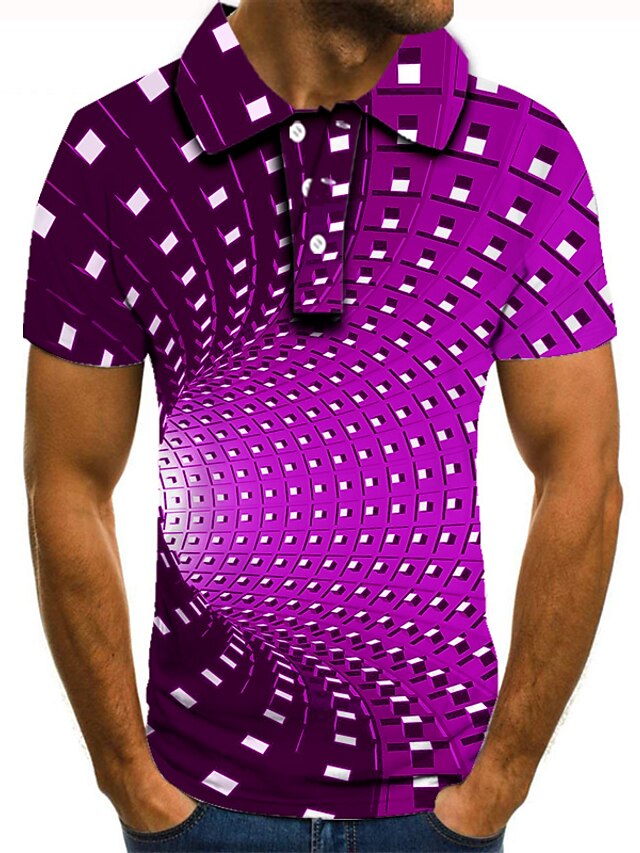  Men's Polo Shirt Tennis Shirt Golf Shirt Optical Illusion Geometry Collar Red Blue Purple Green 3D Print Street Casual Short Sleeve Button-Down Clothing Apparel Fashion Cool Casual