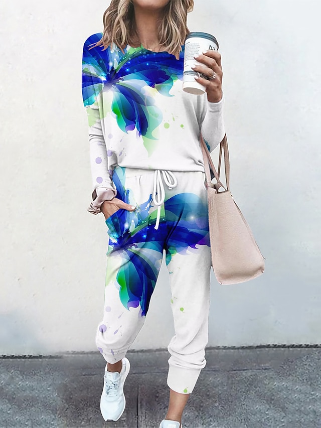  Women's Basic Streetwear 3D Print Color Block Abstract Vacation Casual / Daily Two Piece Set Crew Neck Pant Loungewear Tracksuit T shirt Drawstring Print Tops / Loose