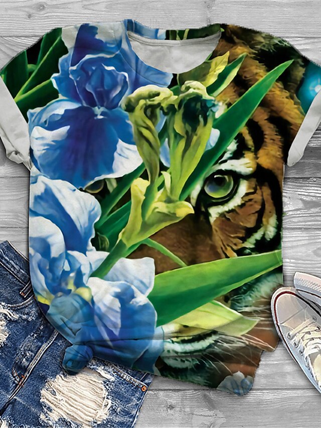  Mulheres Plus Size Blusas Camiseta Gráfico Tigre Manga Curta Imprimir Básico Crewneck Algodão Spandex Jersey Diário Feriado Azul / Tamanho Grande / Tamanho Grande