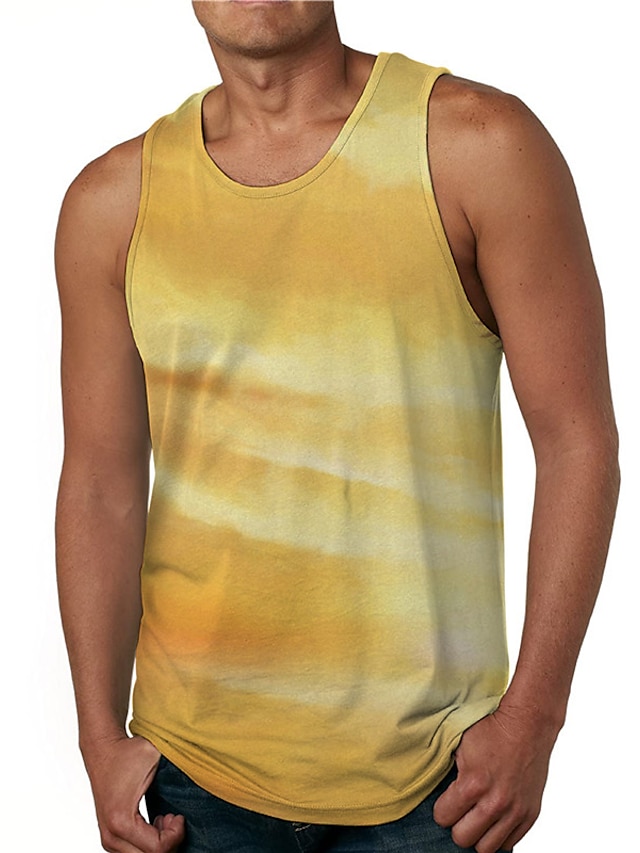  Men's Tank Top Undershirt Shirt Gradient Graphic Prints 3D Print Round Neck Daily Holiday Sleeveless Print Tops Casual Designer Big and Tall Yellow / Summer