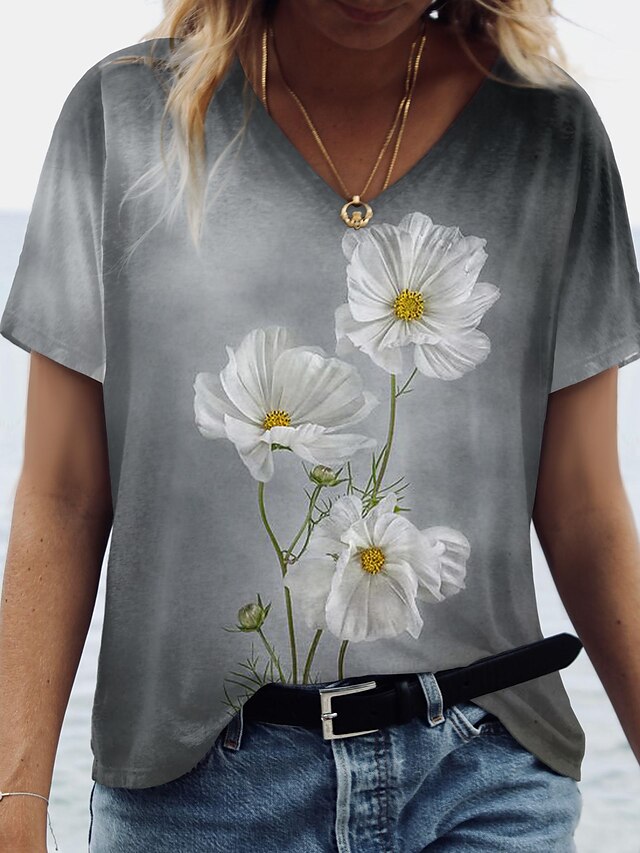  Dame T-shirt Blomstret Daglig Weekend Blomster Tema Daisy Maleri Kortærmet T-shirt V-hals Trykt mønster Basale Årgang Grå S / 3D-udskrivning