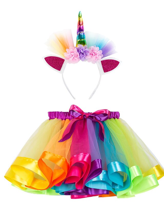  Chica 3D Arco iris Falda Verano Primavera Activo Estilo lindo Poliéster Niños Bebé 1-12 años Rendimiento Fiesta Cumpleaños