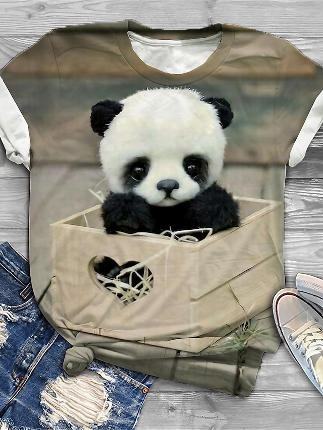  Women's Plus Size Tops T shirt Graphic Panda Short Sleeve Print Basic Crewneck Cotton Spandex Jersey Daily Holiday Brown