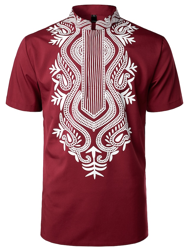  Men's Party Shirt Tribal Short Sleeve Print Tops Basic Streetwear Wine Black White / Stand Collar