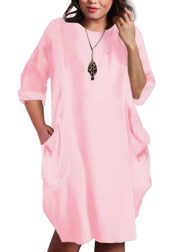  Femme Grande Taille Plein Robe T shirt Col Rond Manches Longues chaud Printemps Eté Casual du quotidien Robe Longueur Genou Robe