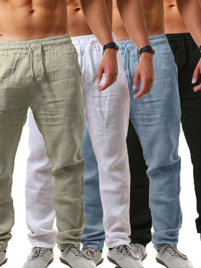  Men's Casual Slim Linen Cotton Summer Beach Trousers