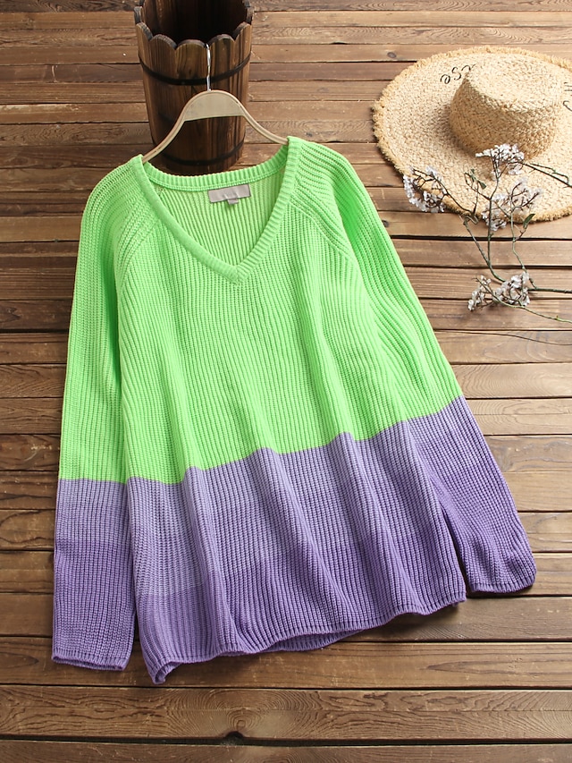  Women's Pullover Color Block Knitted Acrylic Fibers Basic Long Sleeve Sweater Cardigans Fall Winter V Neck Green