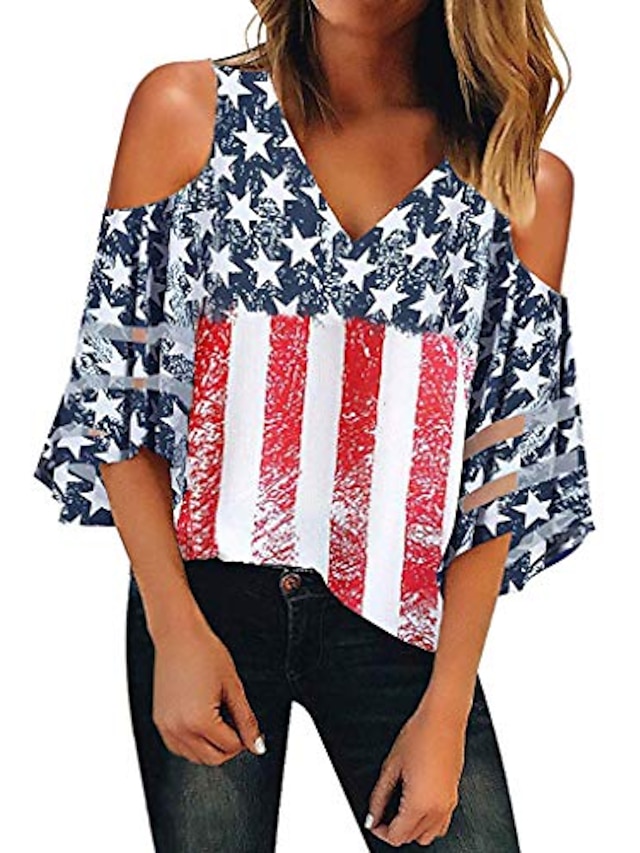  Camisas con hombros descubiertos para mujer verano casual 4 de julio camiseta con bandera americana tops rojo