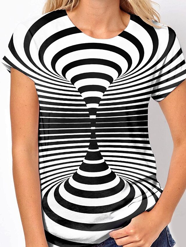  Women's 3D Printed T shirt Optical Illusion Geometric Print Round Neck Basic Tops White
