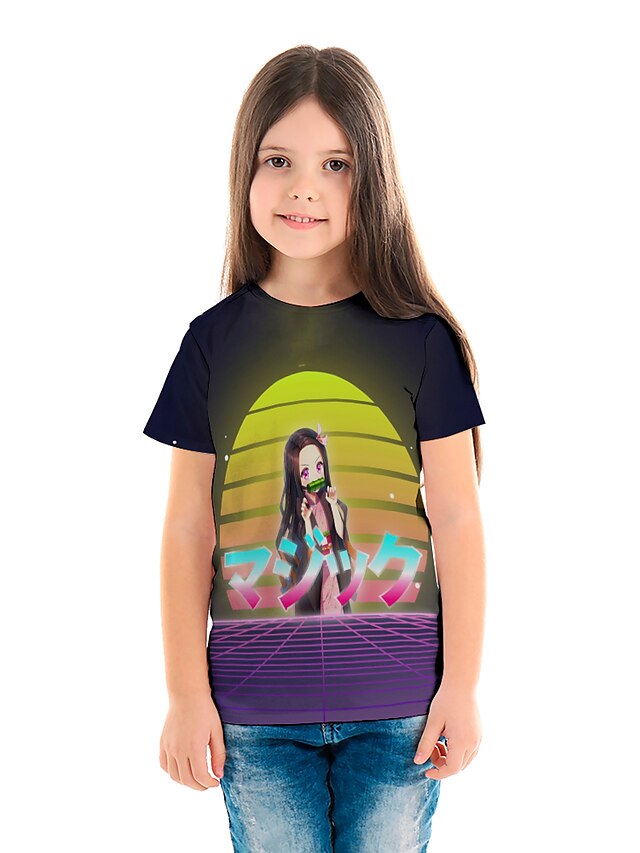  Kids Girls' T shirt Tee Blouse Short Sleeve Anime Cartoon 3D Print Print Black Children Tops Summer Spring & Summer Streetwear Casual / Daily Children's Day Tailored Fit Loose