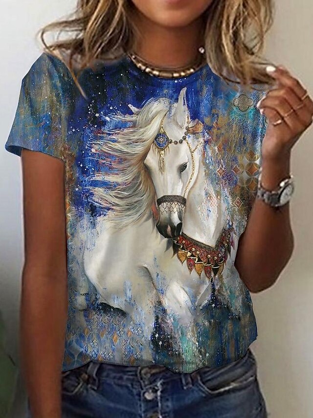  Dame T skjorte Grafisk Dyr sparkly Blå Trykt mønster Kortermet Daglig Helg Grunnleggende Rund hals Normal