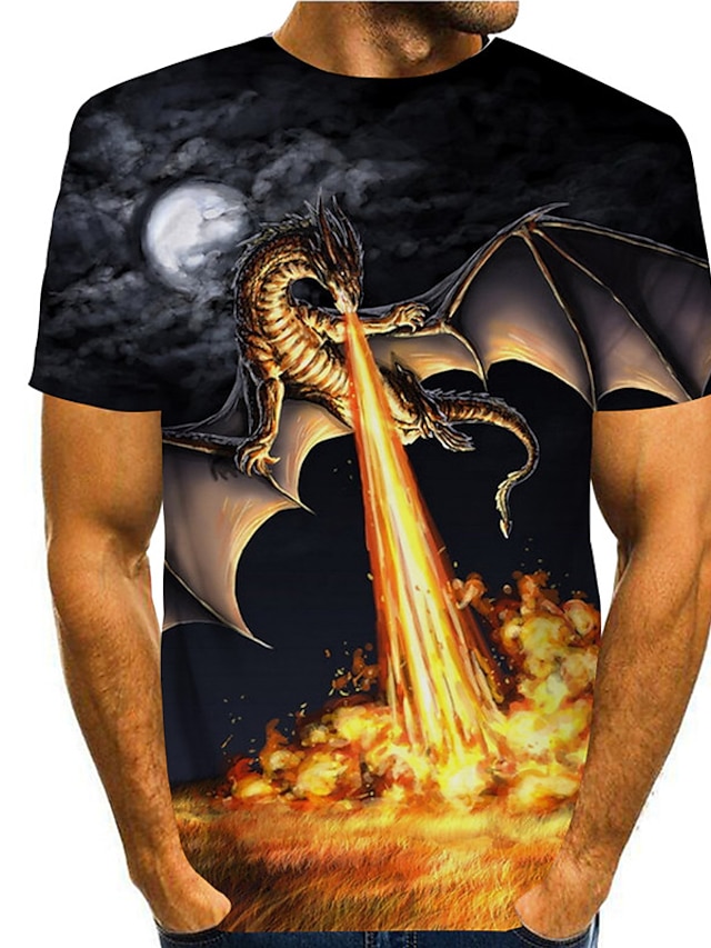  Dragon Mens 3D Shirt For Festival | Black Summer Cotton | Men'S Tee Graphic Prints Round Neck 3D Daily Holiday Short Sleeve Clothing Apparel Designer Casual Big