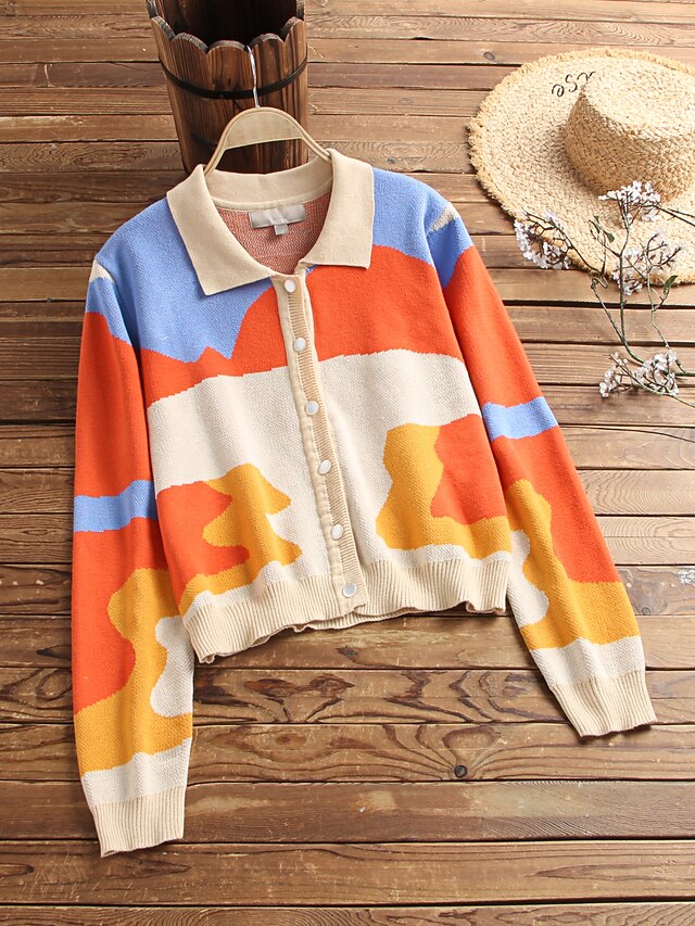  Women's Cardigan Color Block Geometric Knitted Basic Long Sleeve Sweater Cardigans Fall Winter Shirt Collar Rainbow