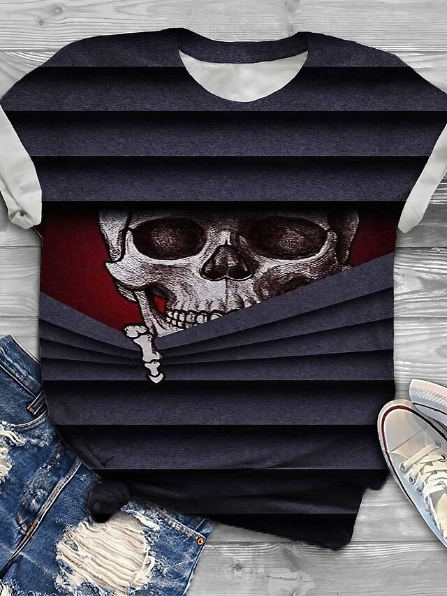  Women's Plus Size Tops T shirt Graphic Skull Short Sleeve Print Basic Crewneck Cotton Spandex Jersey Daily Dark Gray / Loose