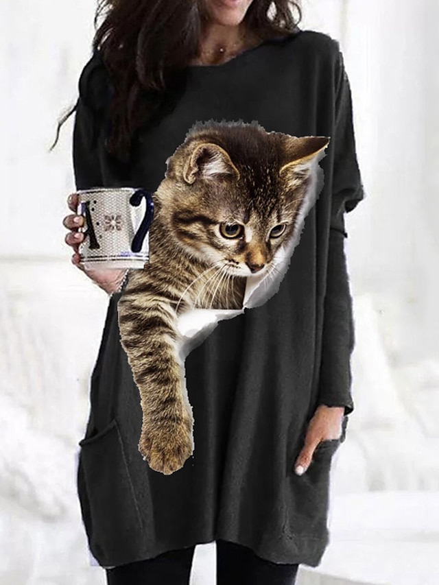  Women's T shirt Dress Tunic Shirts Tunic Graphic Cat 3D Black White Dusty Blue Pocket Long Sleeve Daily Basic Round Neck Loose Fit Fall & Winter