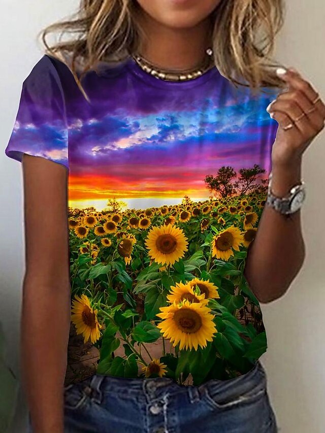  Women's Scenery 3D Sunflower Holiday Weekend Floral 3D Printed Painting Short Sleeve T shirt Tee Round Neck Print Basic Essential Tops Green S