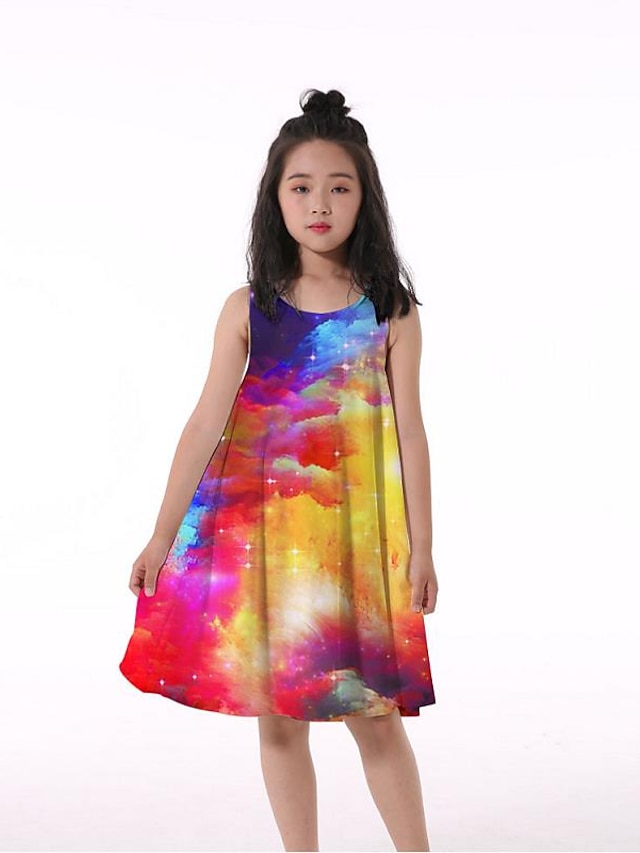  Kids Little Girls' Dress Tie Dye Tank Dress Ruched Print Rainbow Knee-length Sleeveless 3D Print Dresses Spring & Summer Loose 4-13 Years
