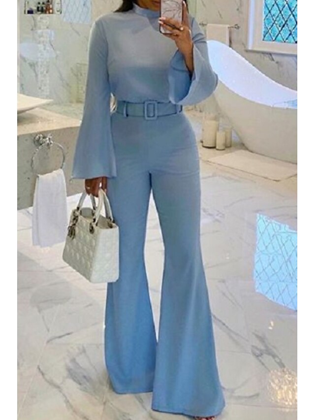  Women's Jumpsuit Solid Colored Ordinary Turtleneck Straight Full Body Regular Fit Blue S M L Spring & Summer