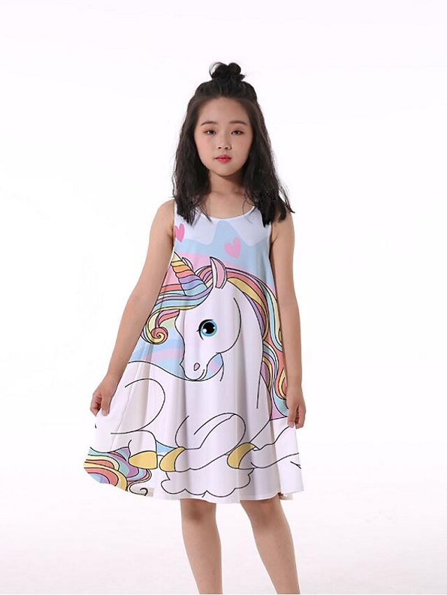  Kids Little Girls' Dress Unicorn Fantastic Beasts Unicorn Tank Dress Ruched Print Rainbow Knee-length Sleeveless 3D Print Cute Dresses Spring & Summer Loose 4-13 Years