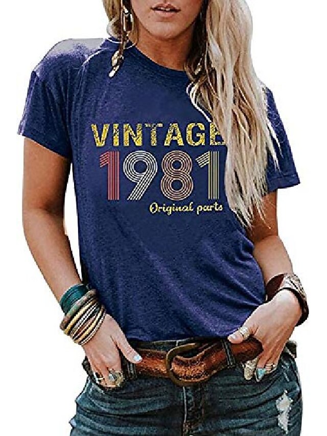  Mujer Casual Diario Camiseta Manga Corta Texto Cuello Barco Estampado Vintage Años 80 Tops 100% Algodón Rojo # 1 Azul # 1 Gris # 1 S