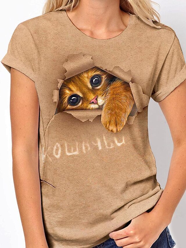  Damen T-Shirt 3D Cat Katze 3D Tier Rundhalsausschnitt Bedruckt Grundlegend Oberteile Khaki / 3D-Druck