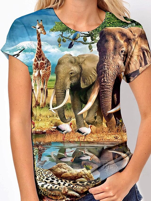  Femme T shirt Tee Animal Girafe Paysage Vert Imprimer Manche Courte du quotidien Fin de semaine basique Col Rond Standard