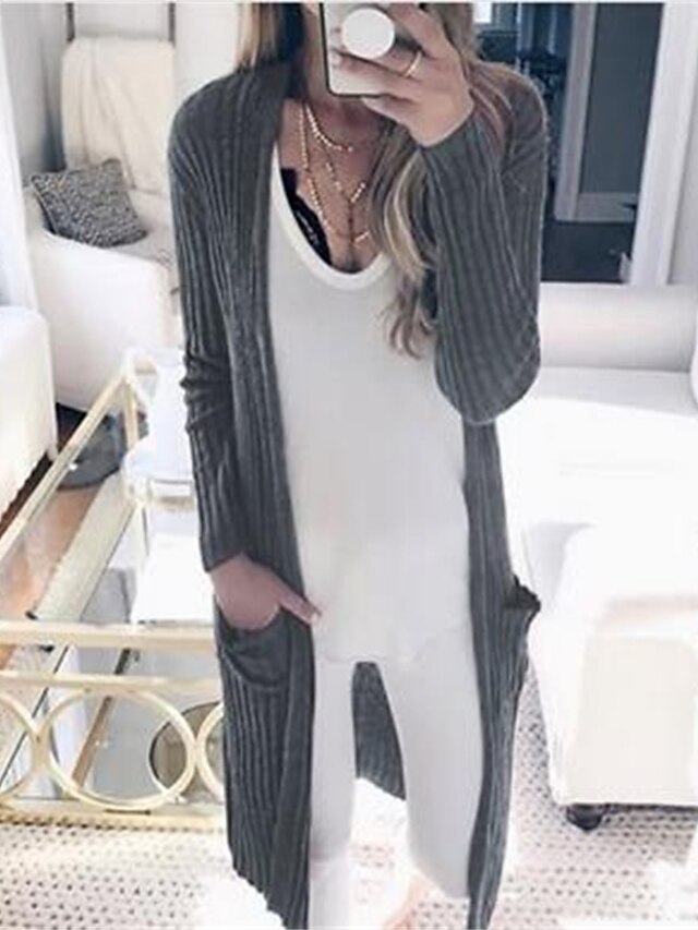 Women's Cardigan Solid Color Pocket Knitted Casual Long Sleeve Sweater Cardigans Fall Winter Open Front Gray khaki Royal Blue