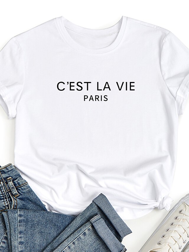  T-shirt Femme du quotidien Manches Courtes Graphique Lettre Col Rond Imprimer basique Bleu Rose Claire Vin Hauts Standard 100% Coton