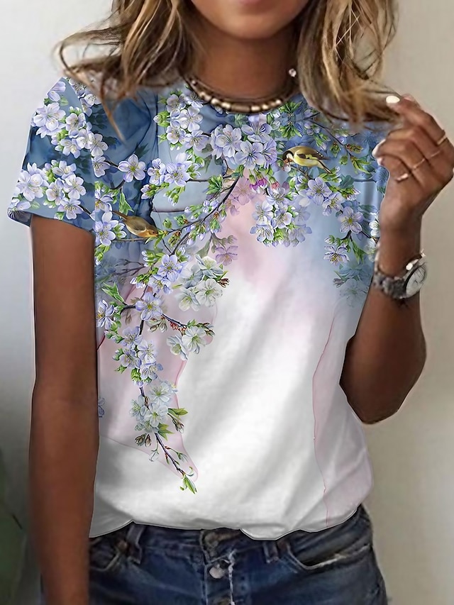  Dame T skjorte Blomstret Fugl Avslappet Daglig Feriereise Trykt mønster Hvit Kortermet Ferie Daglig Grunnleggende Rund hals