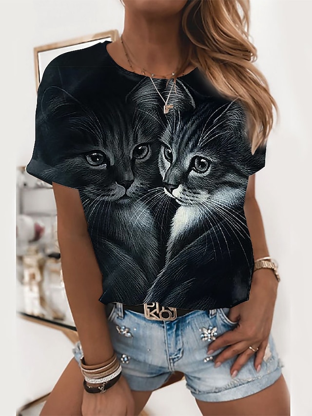  Women's T shirt Tee Animal Cat Black Print Short Sleeve Daily Weekend Basic Round Neck Regular Fit