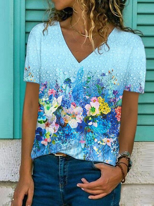 T shirt Tee Femme du quotidien Fin de semaine Floral Fleur Manches Courtes Fleur Abstrait Peinture Col V Imprimer basique Bleu Hauts Standard S / 3D effet