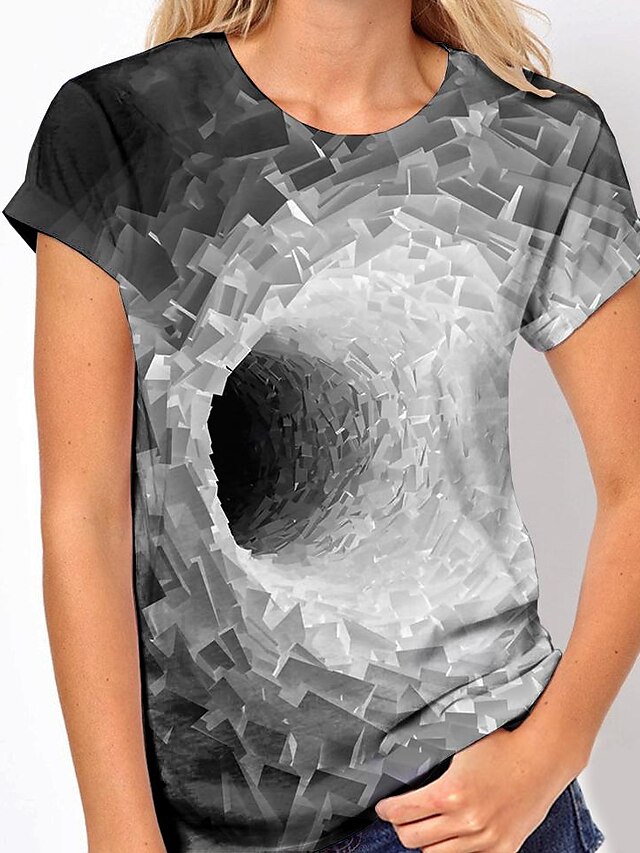  Women's T shirt Tee Graphic Optical Illusion Gray Print Short Sleeve Daily Weekend Basic Round Neck Regular Fit