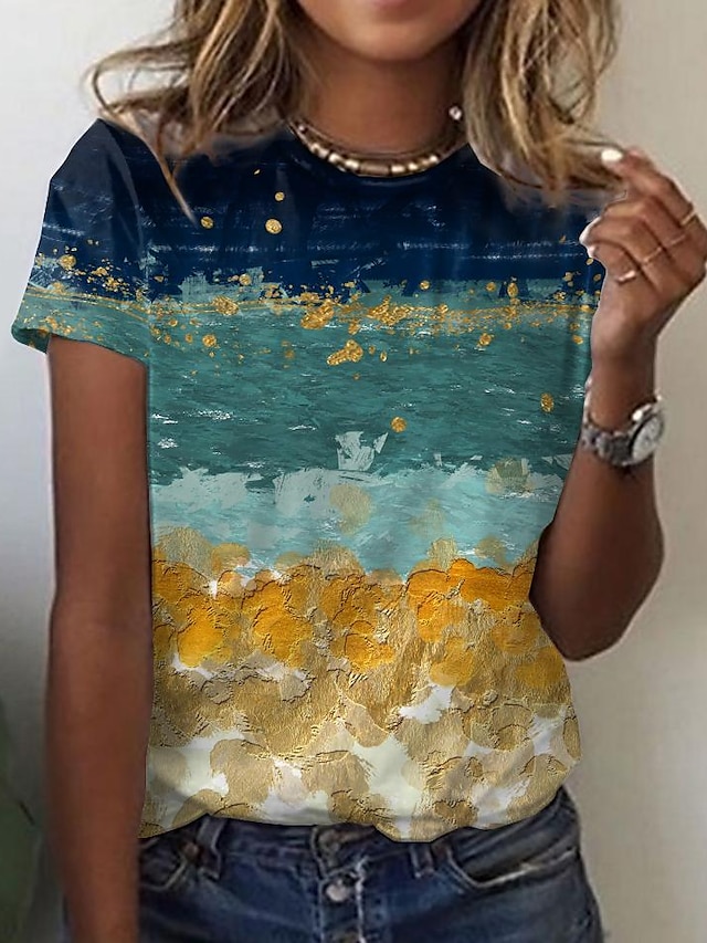  Dame Landskab Farveblok Daglig Weekend Kortærmet T-shirt Rund hals Trykt mønster Basale Toppe Blå S / 3D-udskrivning