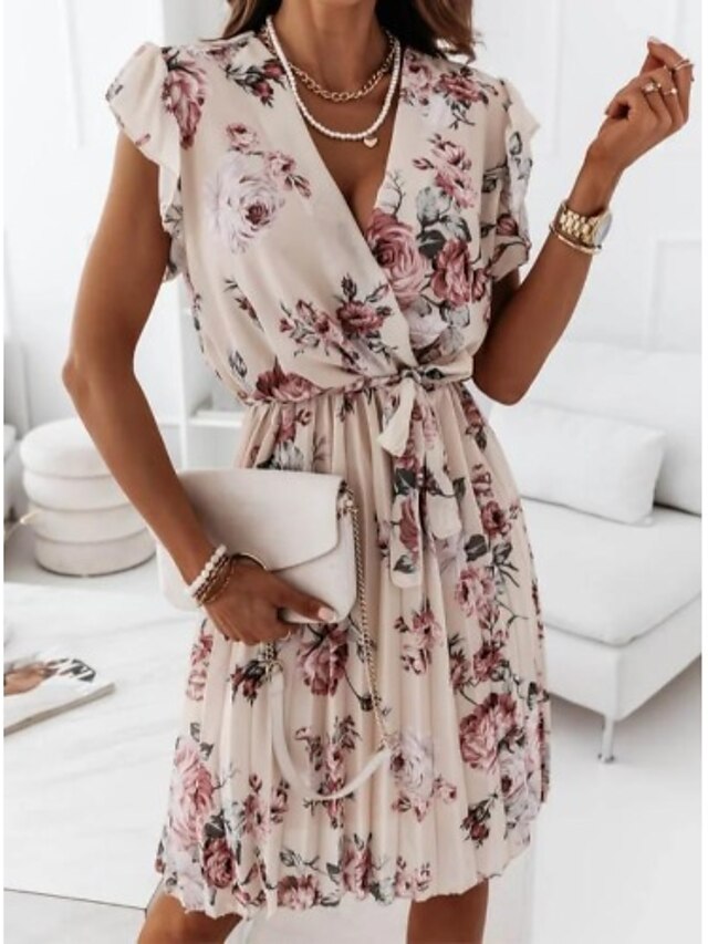  Women's Knee Length Dress A Line Dress Black Pink Apricot Short Sleeve Ruched Lace up Pleated Floral Print V Neck Spring Summer Stylish Elegant Casual Butterfly Sleeve 2022 S M L XL 2XL / Ruffle